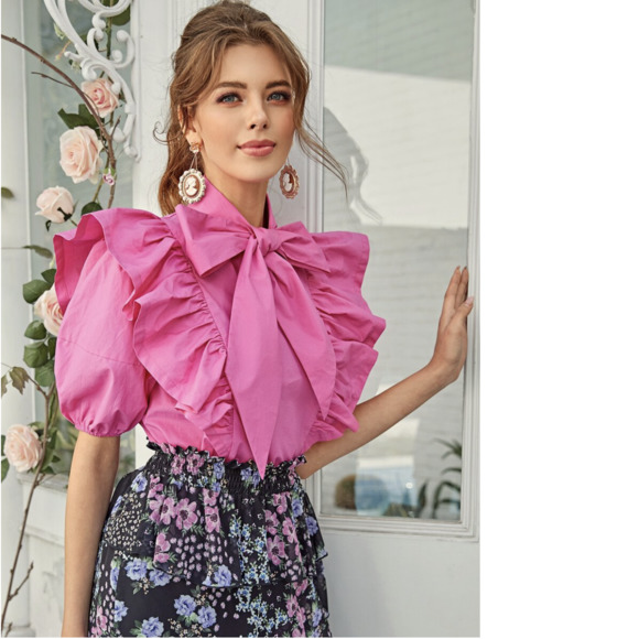 SHEIN Tops - SHEIN Neon Pink Tie Neck Exaggerate Ruffle Trim Top